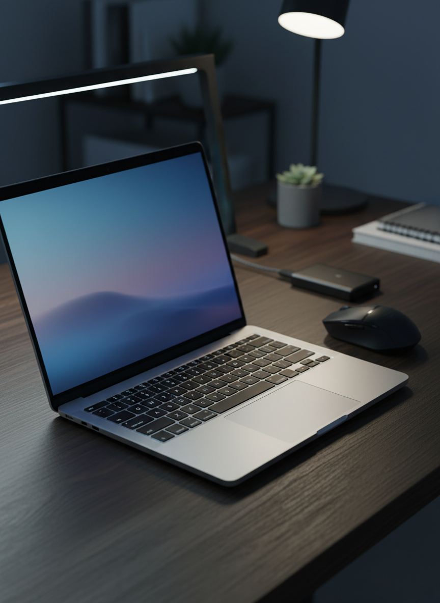A close-up, photographic realism shot of a modern laptop partially open on a dark walnut desk, showcasing its thin profile, machined aluminum chassis, and backlit keyboard with crisp, white illumination. The high-resolution display shows a neutral, abstract gradient, avoiding specific branding. A wireless mouse with a matte finish and a compact external SSD with braided cable sit neatly beside it. Soft, cool-toned studio lighting from above and slightly behind creates a subtle rim light along the laptop’s edges, highlighting its precision engineering while casting gentle shadows on the desk grain. Captured from a slightly elevated three-quarter angle with shallow depth of field, the background dissolves into a soft blur of an organized, minimal workspace, conveying a professional, trustworthy tech review environment.