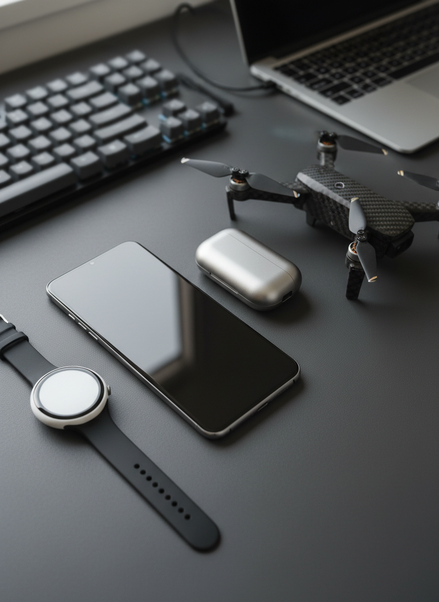 A meticulously arranged flat lay of cutting-edge tech gadgets displayed on a matte charcoal desk surface. In the center, a sleek graphite-gray flagship smartphone with ultra-thin bezels rests beside a brushed aluminum wireless earbud case, a compact foldable drone with carbon-fiber texture, and a minimalist smart watch with a smooth ceramic bezel. Soft, diffused daylight from an unseen window on the left creates gentle reflections on glass and metal surfaces, with subtle shadows adding depth. The background fades into a mild bokeh of a keyboard and a slim laptop edge. Shot from a perfectly top-down perspective with sharp focus across the frame, the composition is clean, modern, and professional, emphasizing photographic realism and an honest, premium gadget-review aesthetic.