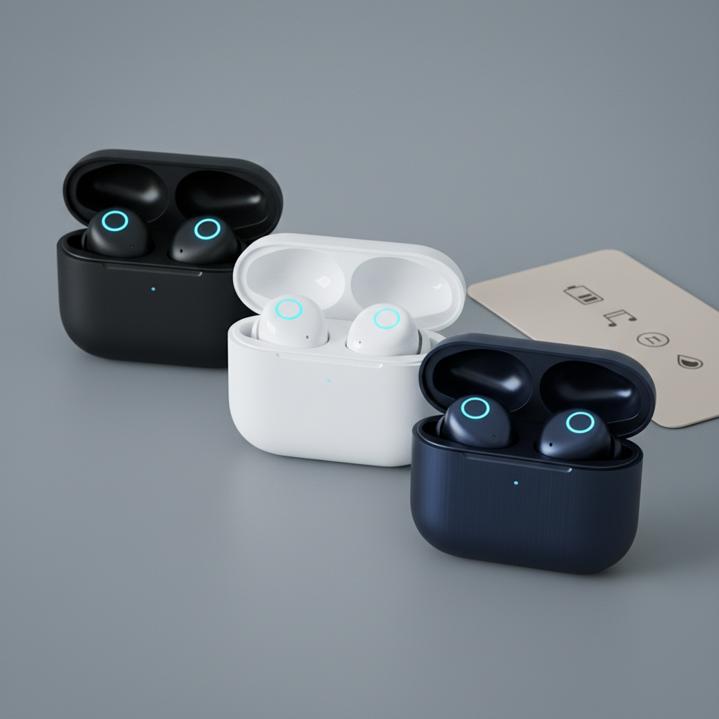 A detailed product comparison scene featuring three different wireless earbuds cases aligned diagonally across a smooth, mid-gray background. One case has a matte black rubberized texture, another a glossy white polymer shell, and the third a brushed metal finish in deep navy. Their lids are open to reveal precision-molded earbuds with subtle indicator lights softly glowing. A thin, neutral-colored card with simple comparison icons lies off to the side, slightly out of focus. Cool, diffused overhead studio lighting minimizes harsh reflections while creating gentle highlights on curves and edges. Captured at eye level with a medium close-up framing and shallow depth of field, the composition uses the rule of thirds to guide the eye, evoking a calm, analytical, and professional buying-guide aesthetic in clean photographic style.
